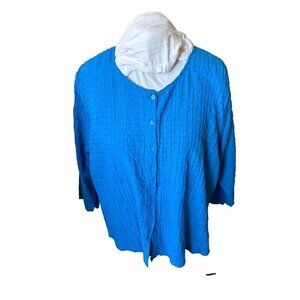NEW Eileen Fisher Womens Cotton Button-Up Top Blue Ocean 2X Round Neck3/4 Sleeve